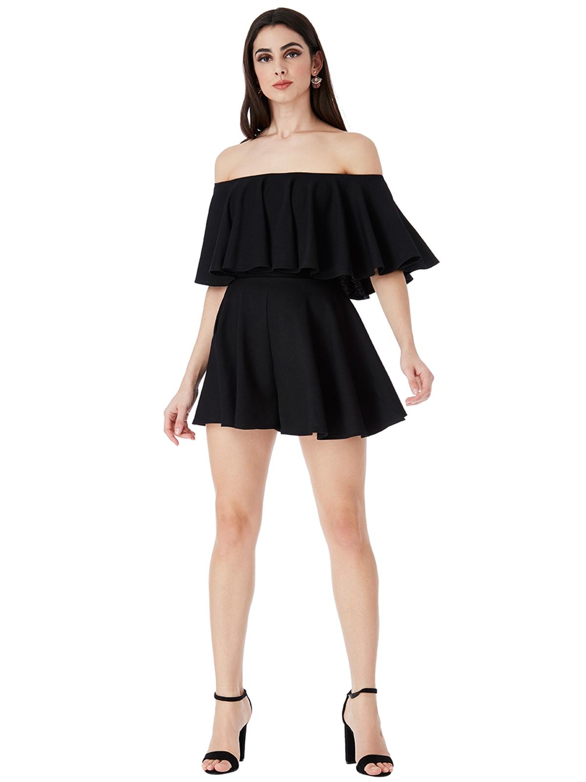Off the Shoulder Frill Neck Skater Playsuit - Black