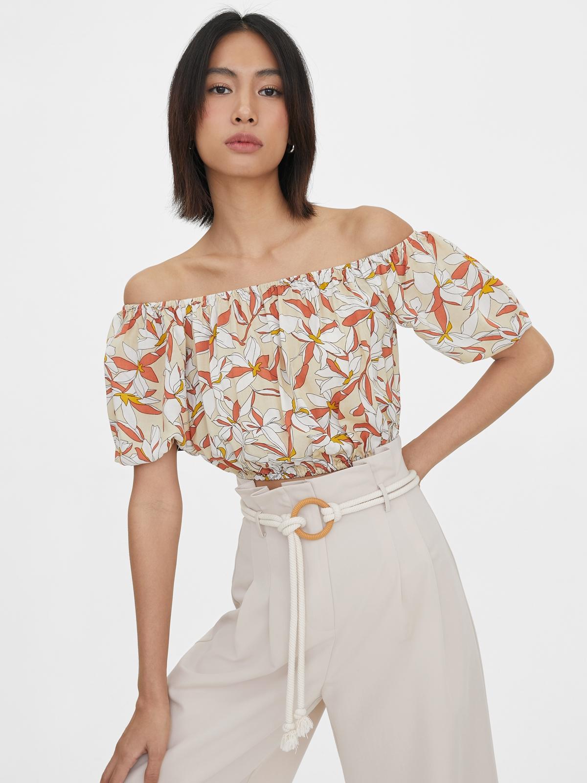 Bold Floral Off Shoulder Crop Top - Beige