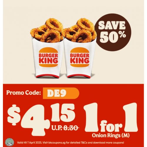 Get 50% off 1-for-1 crispy, golden Onion Rings!