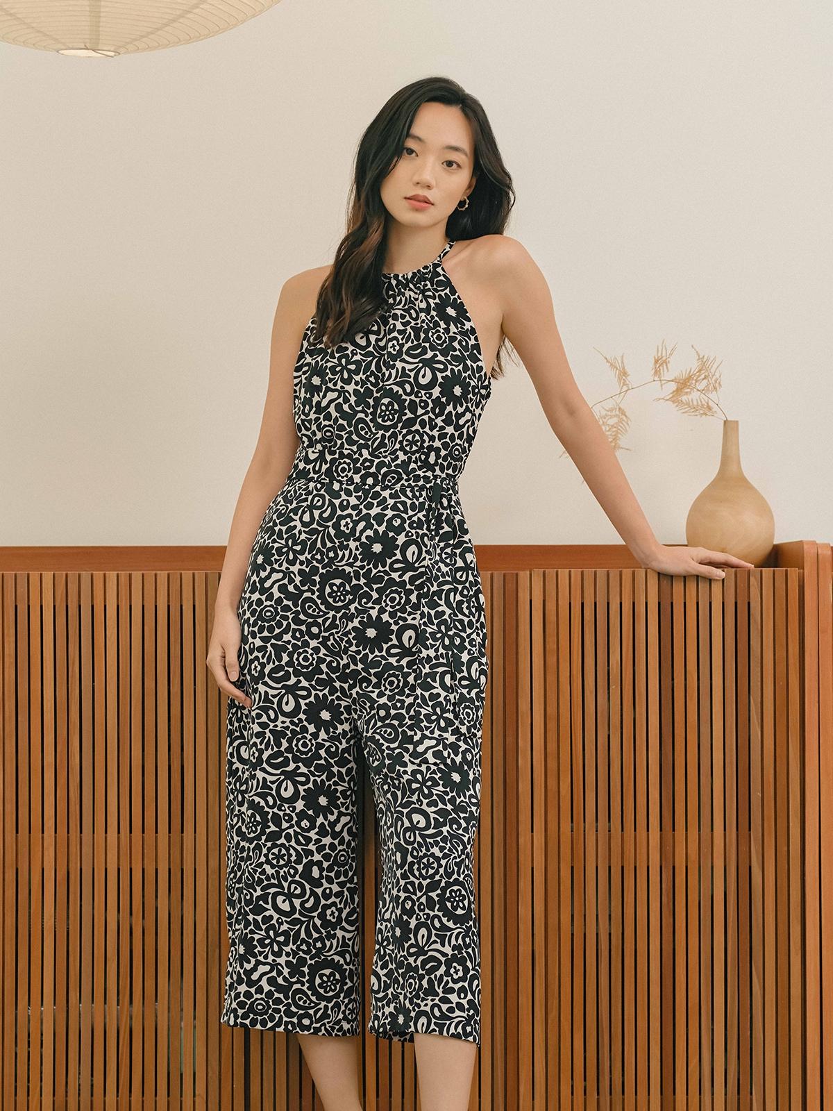 Brynne Tropical Print Jumpsuit - Black White