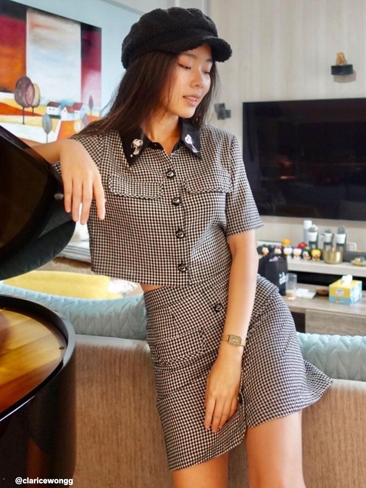 Gingham Embroidered Crop Top - Black/White