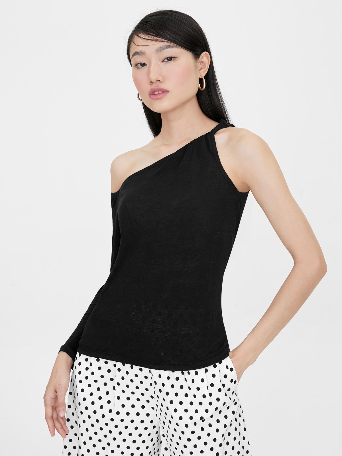 One Side Rolled Up Long Sleeve Top - Black