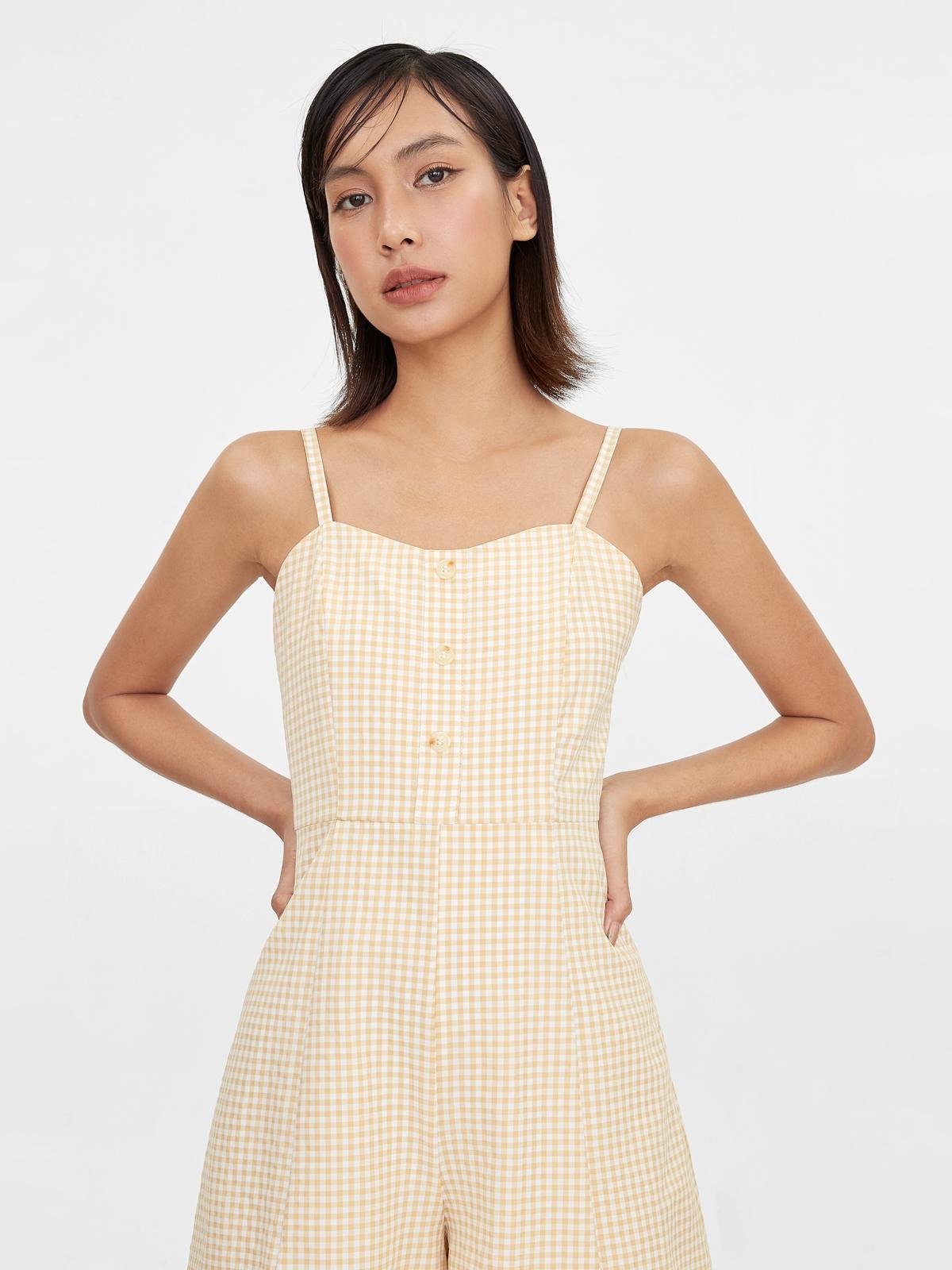 Spaghetti Strap Gingham Romper - Brown
