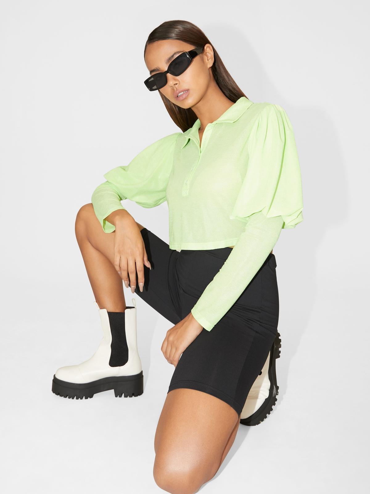 Puffed Sleeves Polo Crop Top - Green