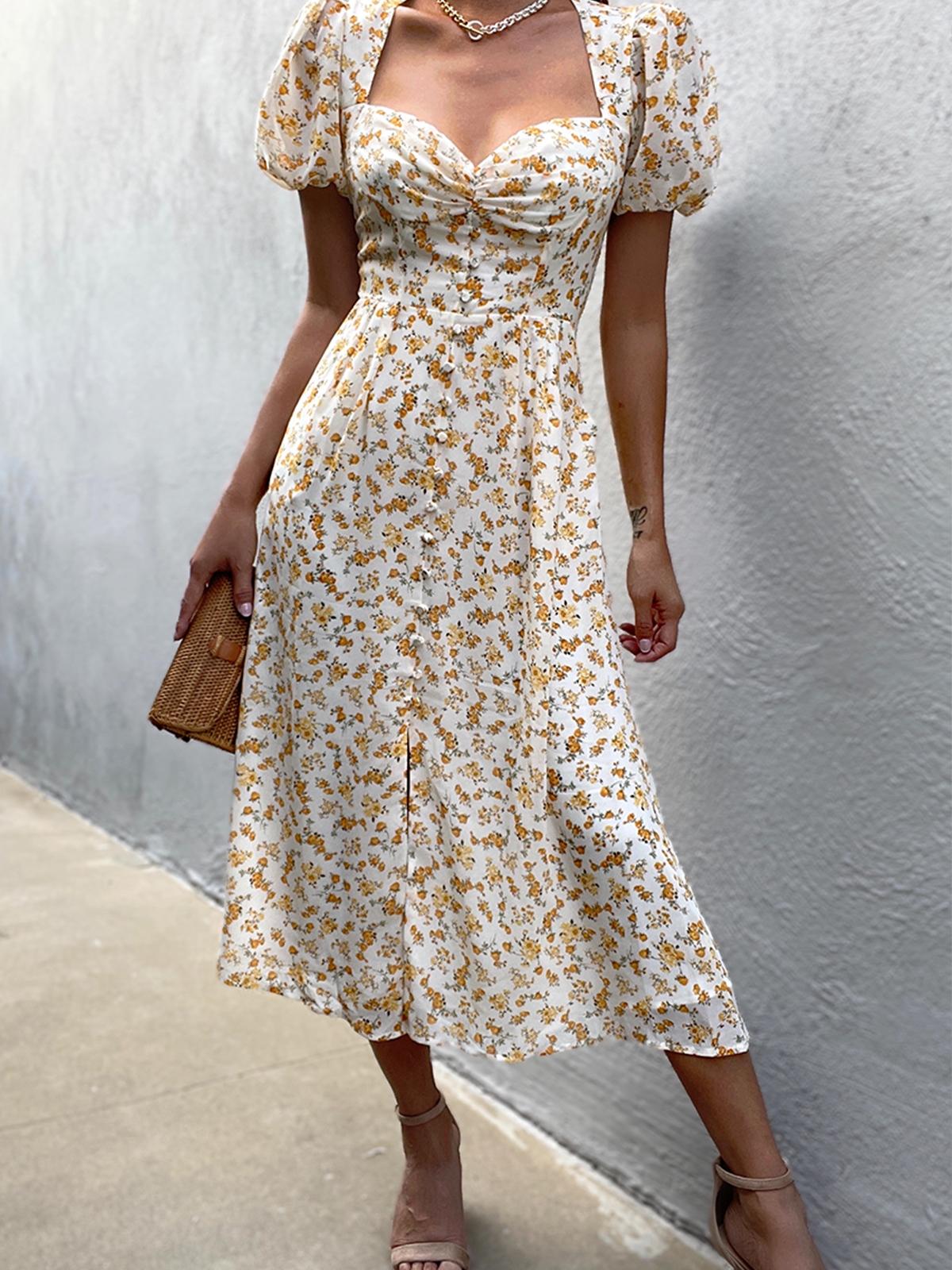 Levona Midi Dress - Yellow Floral