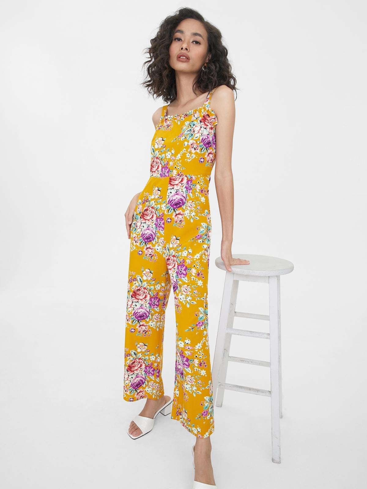 Square Neck Floral Jumpsuit - Yellow