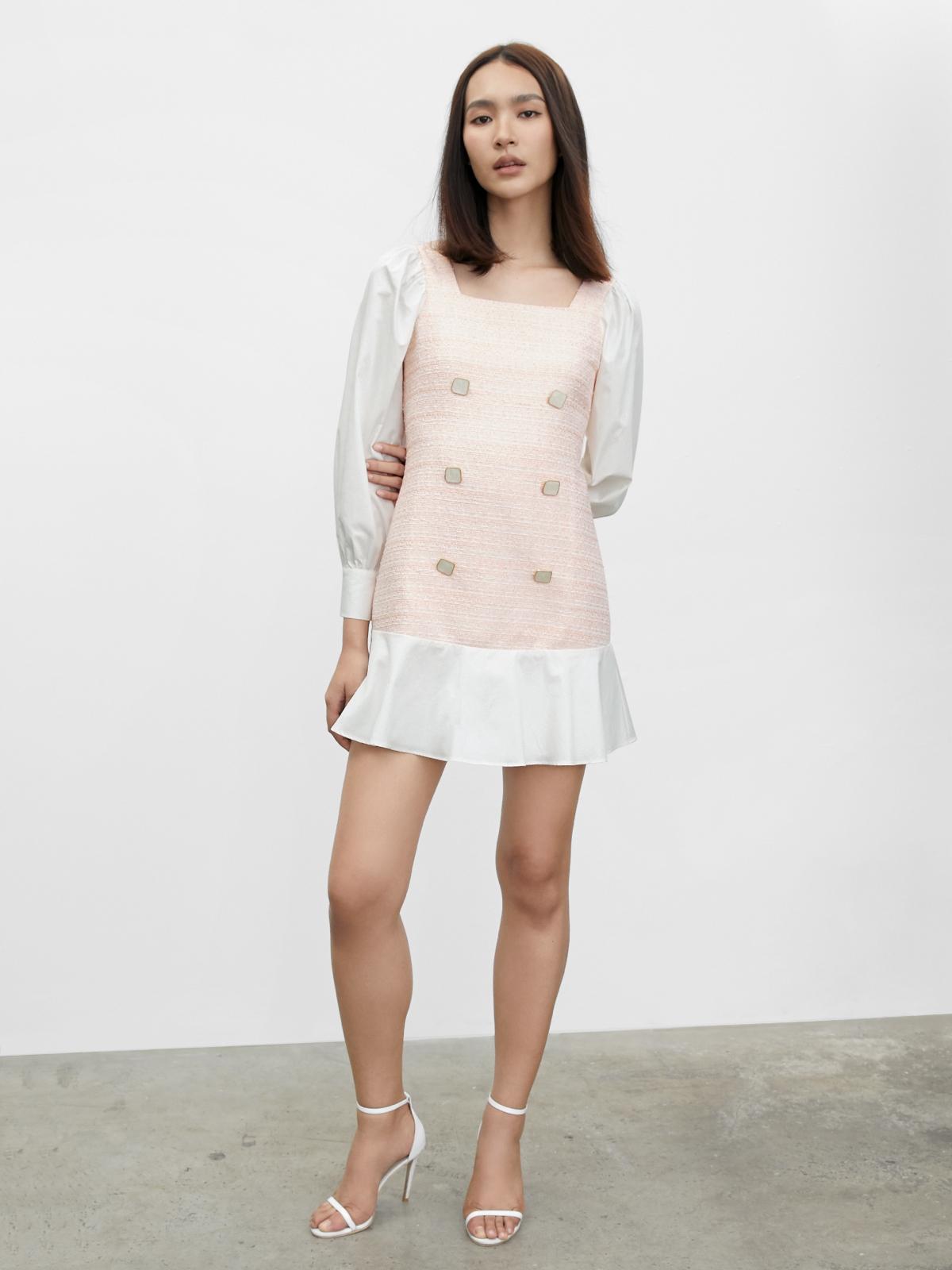 Satin Tweed Buttoned Dress - Pink