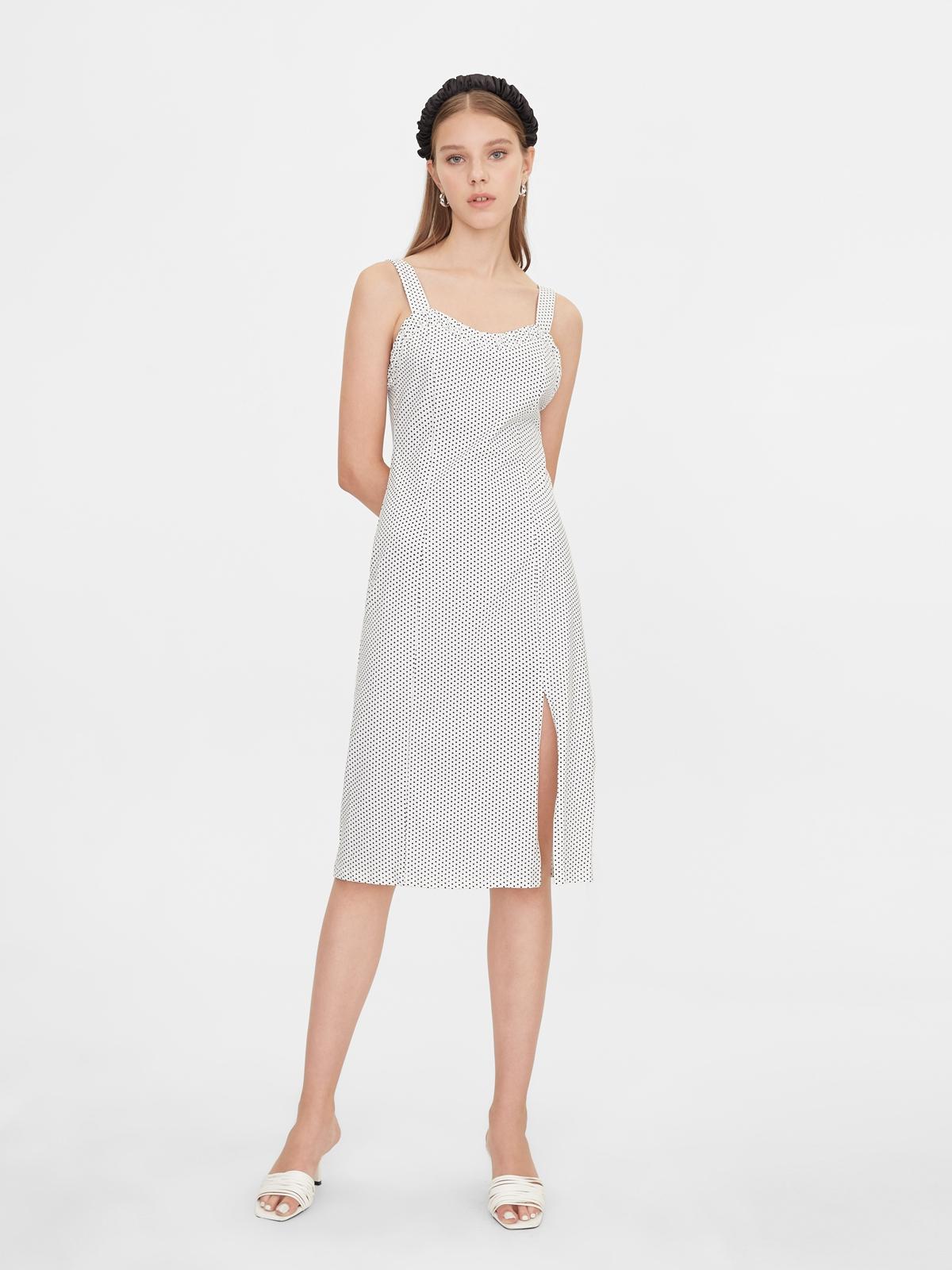 Side Slit Polka Dot Sleeveless Dress - White