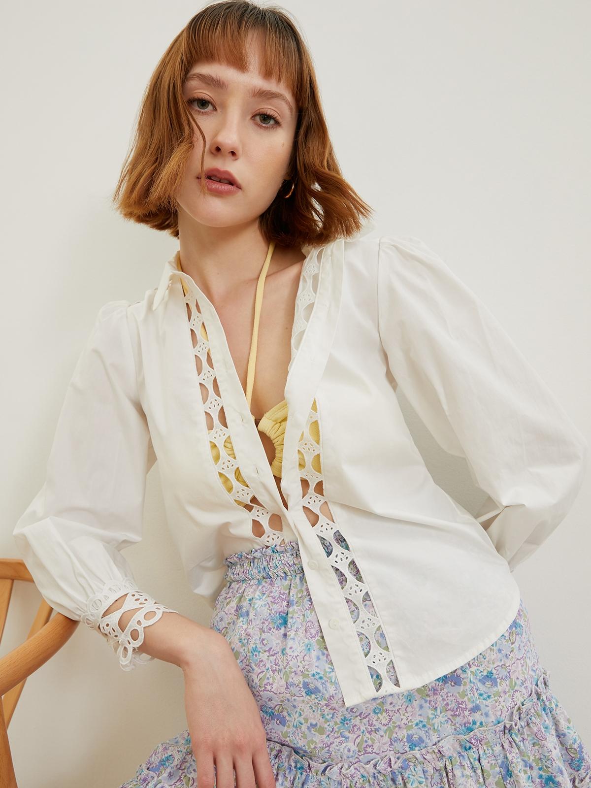 Eyelet Cut Out Puff Sleeve Shirt - White