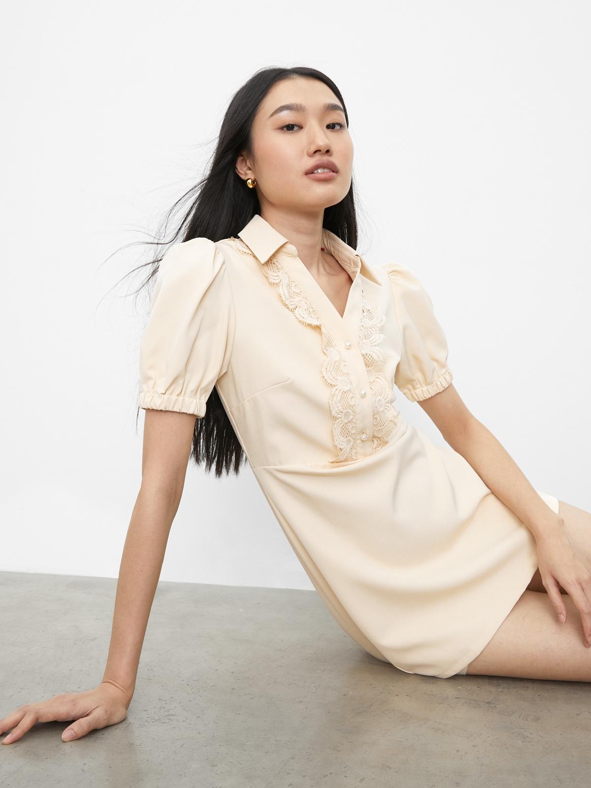 Eyelet Puffed Sleeves Mini Dress - Cream