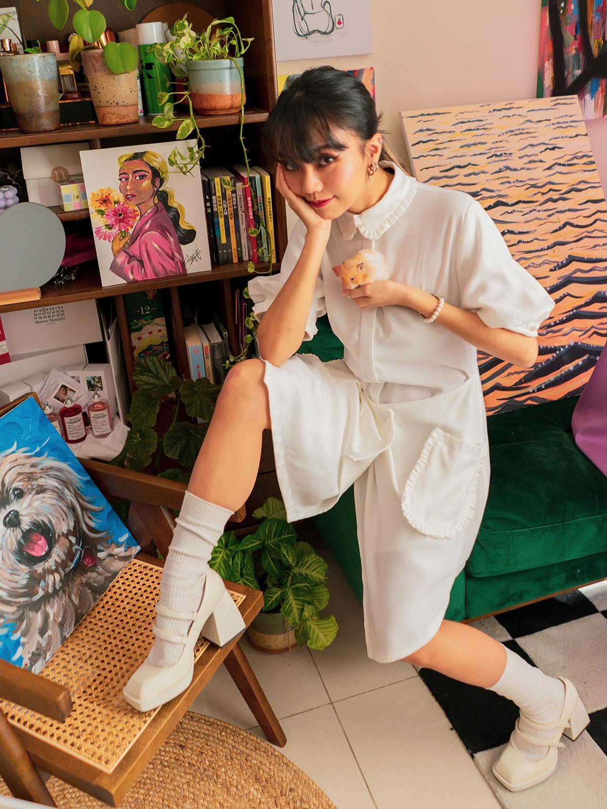 Ruffled Shirt Dress - White