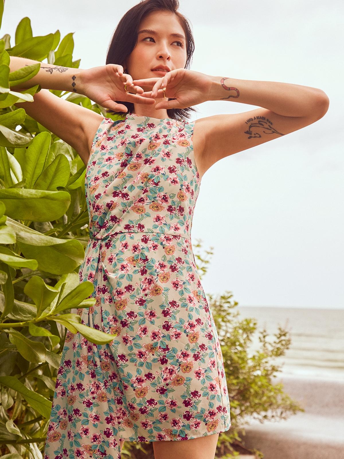 Side Drape Floral Sleeveless Dress - Cream