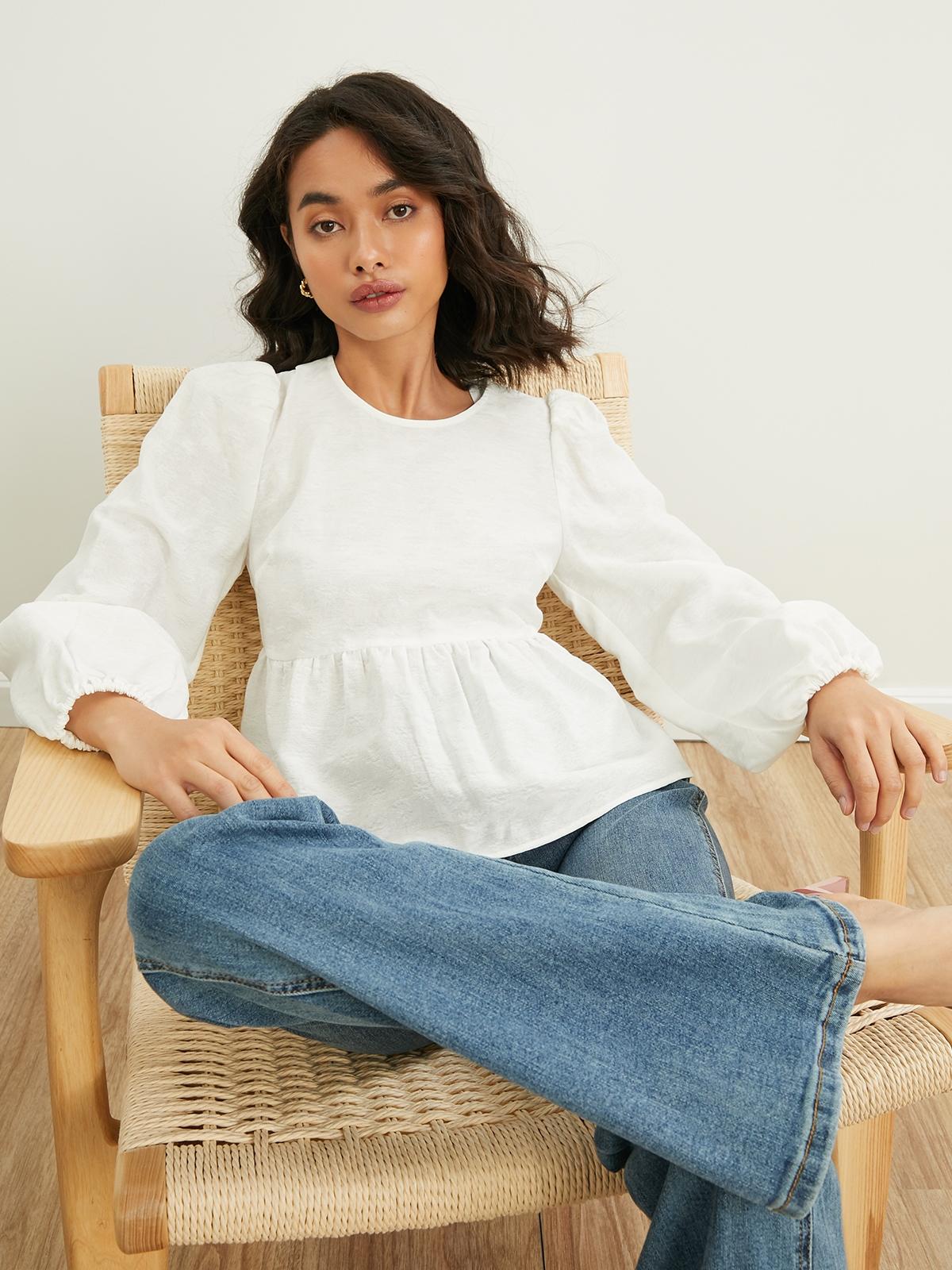 Ribbed Puff Sleeve Blouse - White