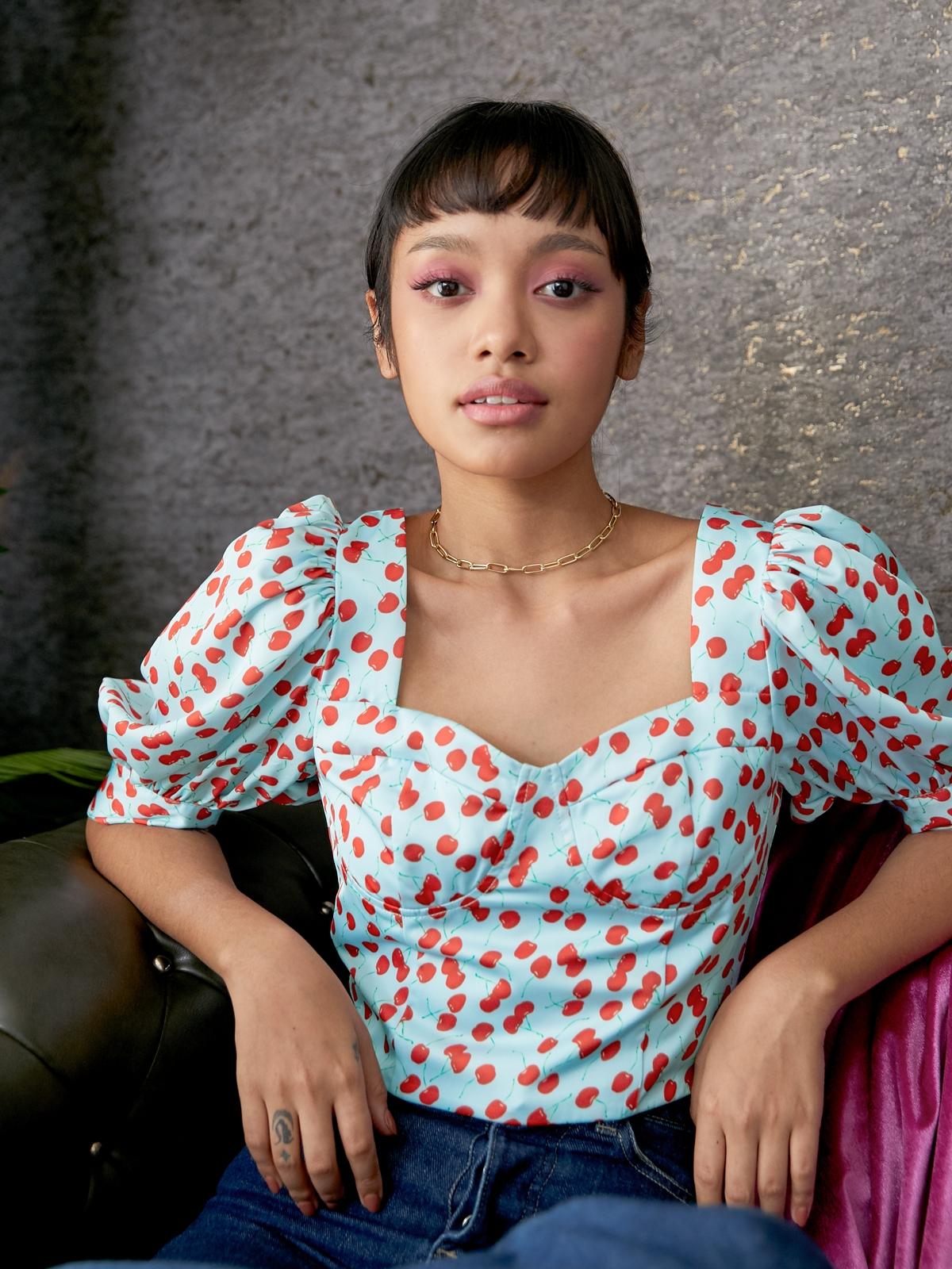 Puffed Sleeves Cherry Print Blouse - Blue