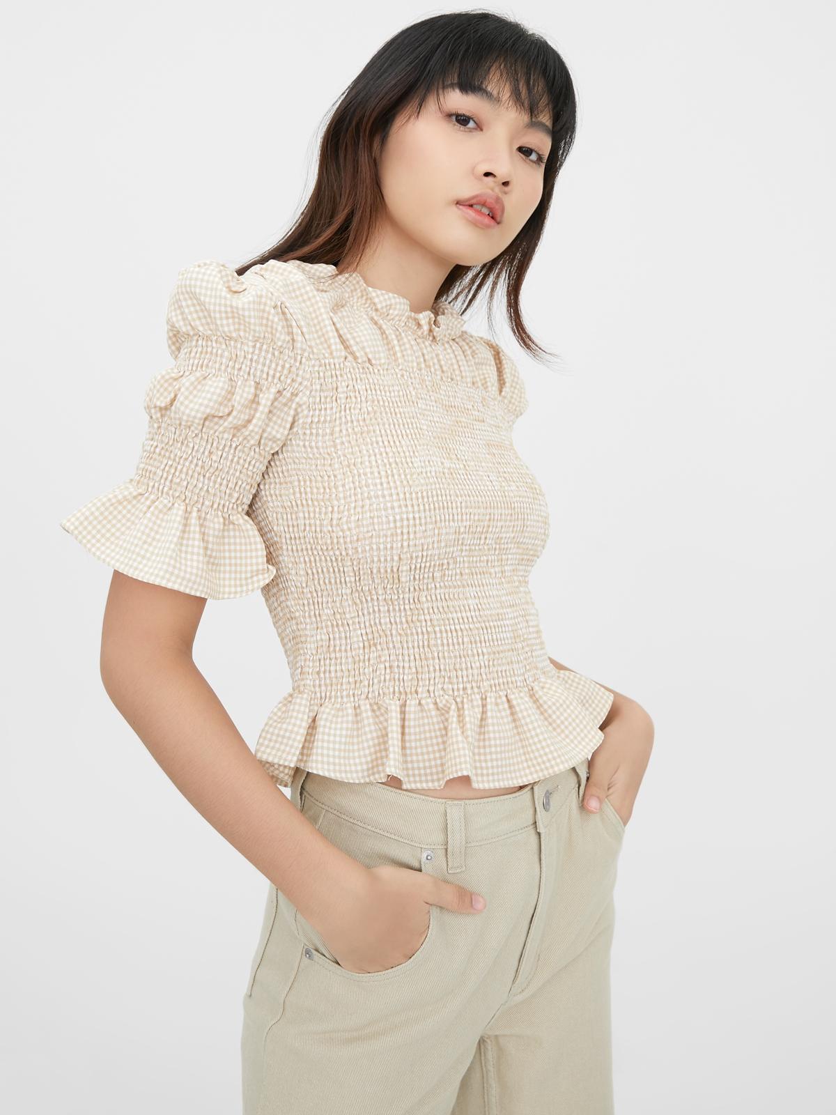 Smocked Ruffle Top - Beige