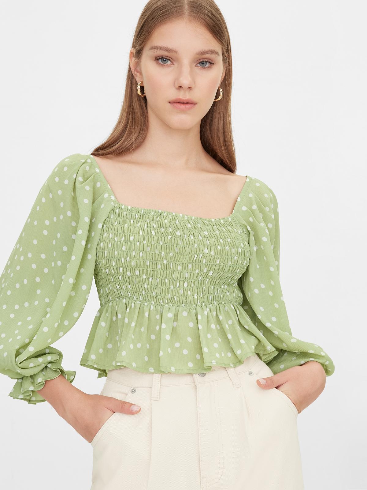 Polka Dot Ruffle Smock Top - Green