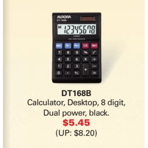 DT168B Calculator, Desktop, 8 digit, Dual Power, Black