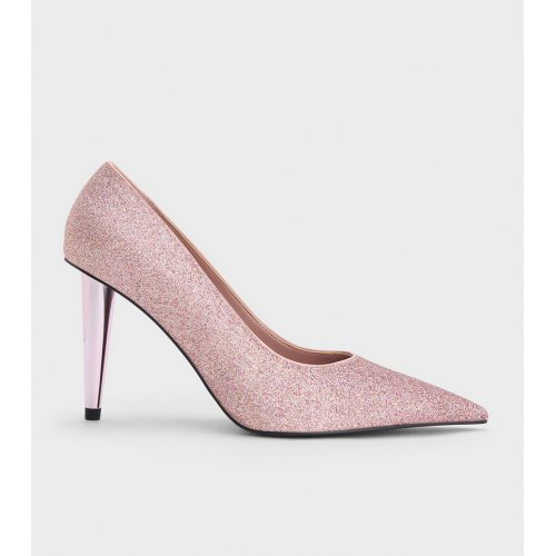  Glittered Cone-Heel Pointed-Toe Pumps - Pink 