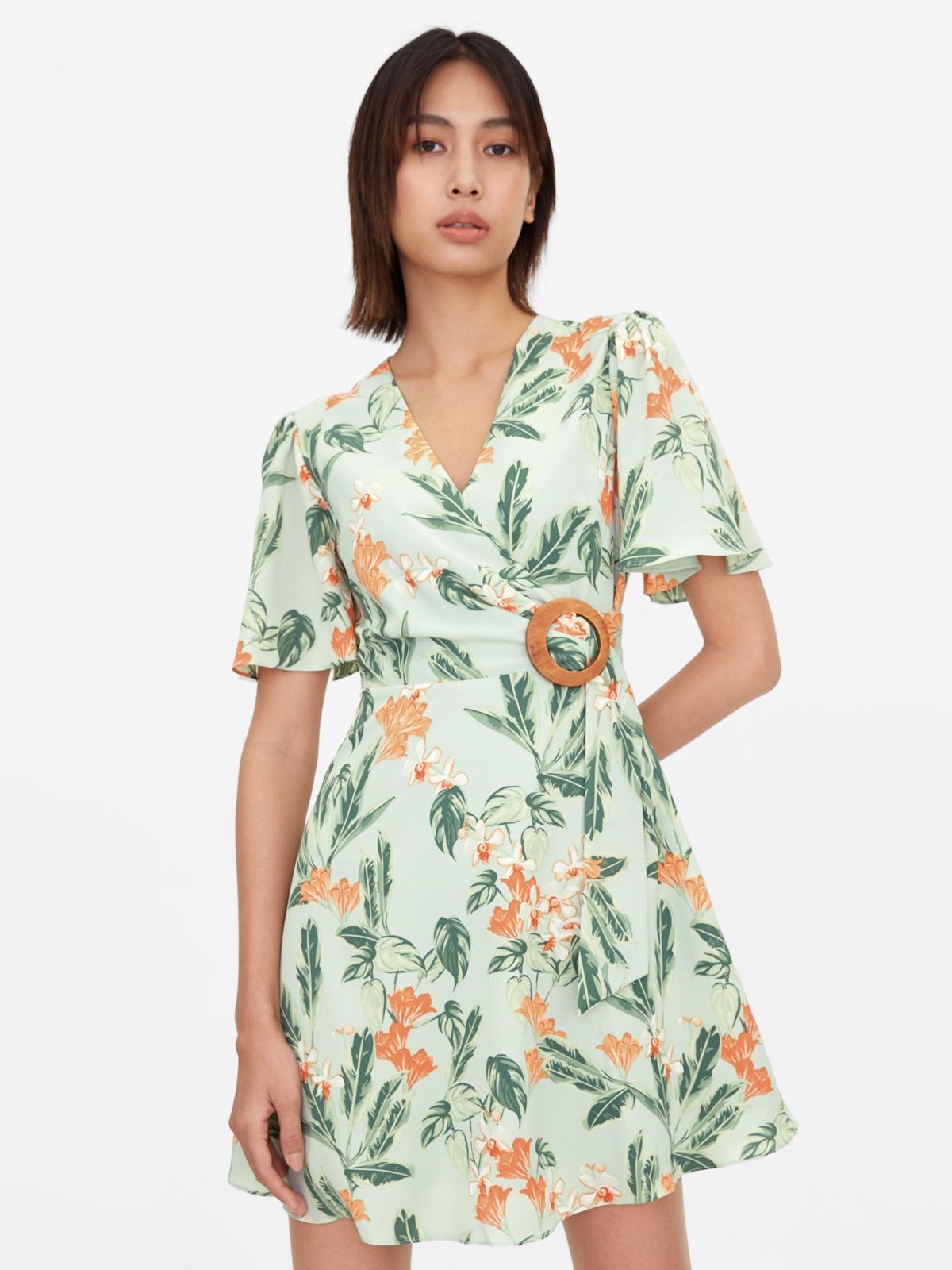 Orchid Print Wood Buckle Dress - Green