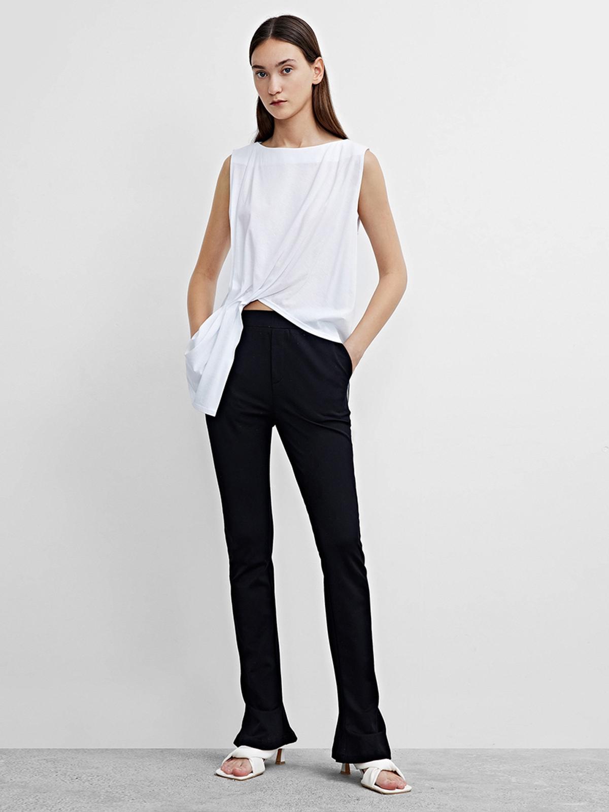 Ruched Sleeveless Boat Neck Tee - White