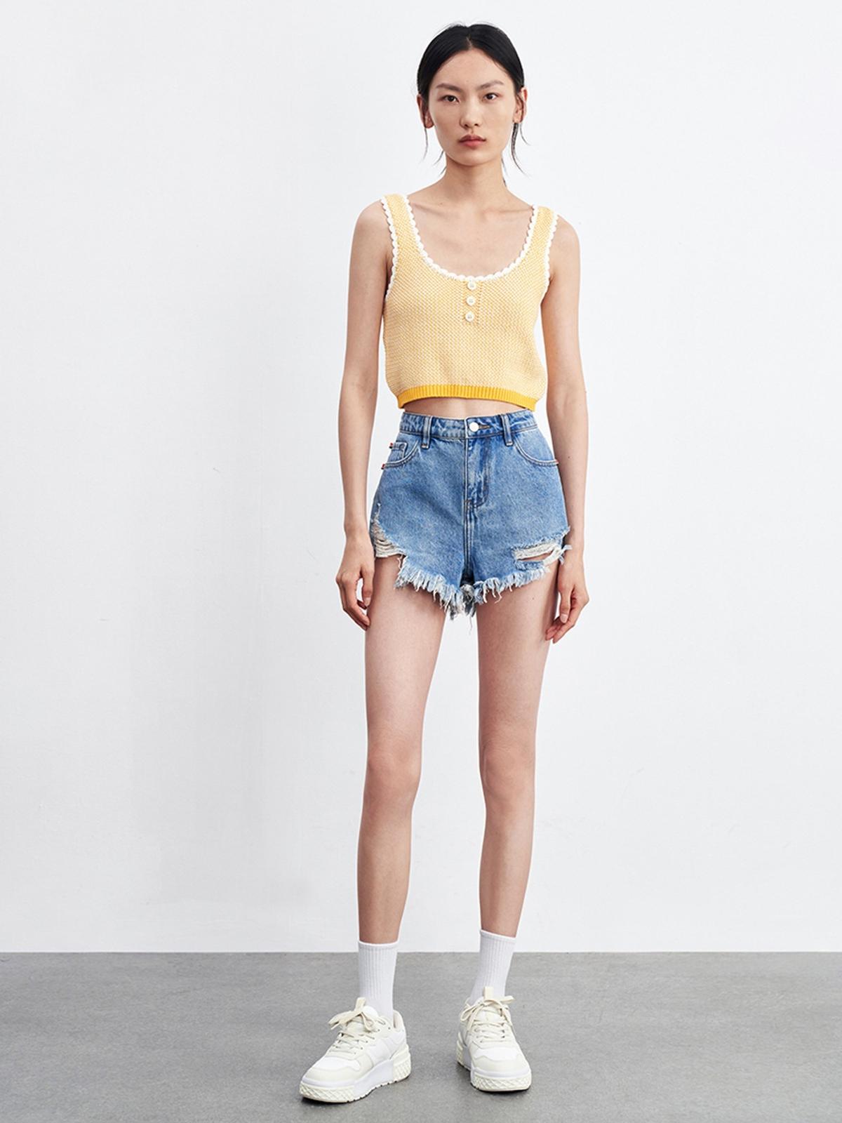 Ribbed Denim Shorts - Blue