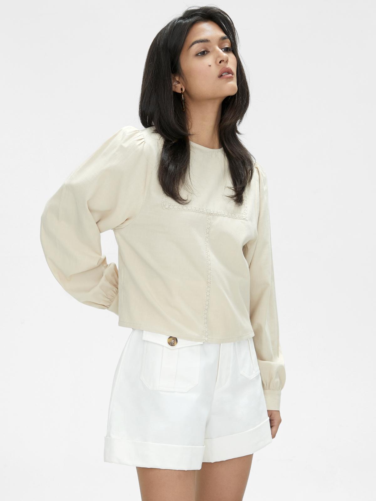 Long Sleeve Cuffed Sleeve Blouse - Beige