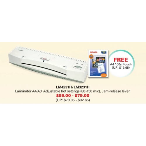LM4231H/LM3231H Laminator A4/A3, Adjustable hot settings (80-150 mic), Jam-release lever