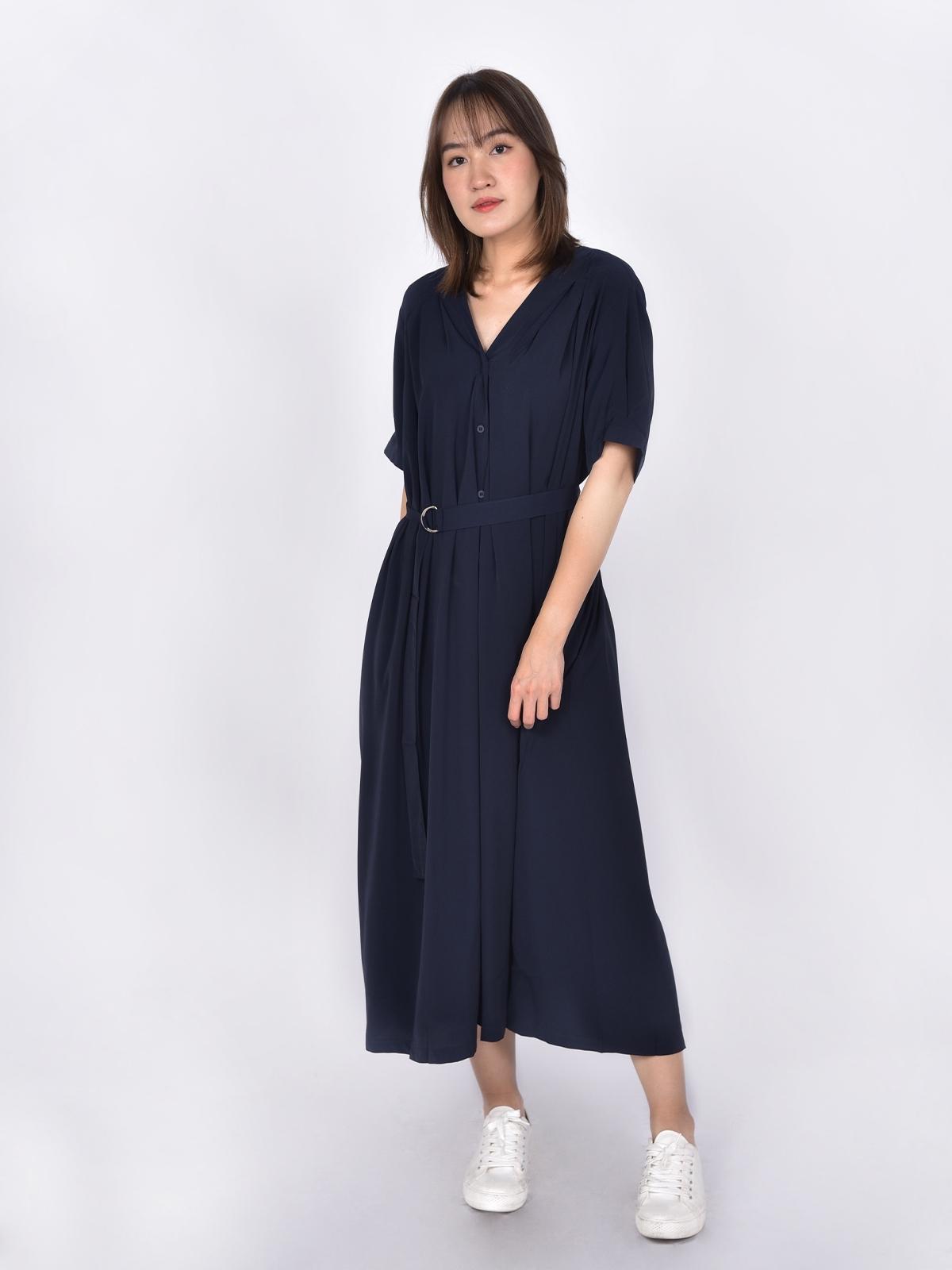 3.3 Field Trip X Pleated Long Dress With Belt - Navy