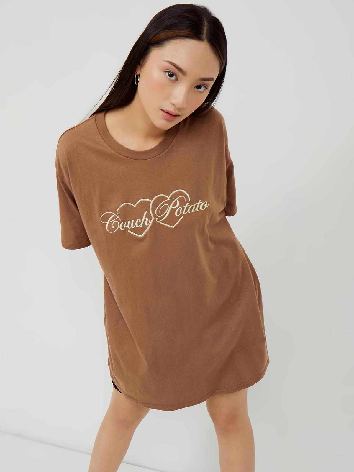 Couch Potato Embroidery Shirt - Brown