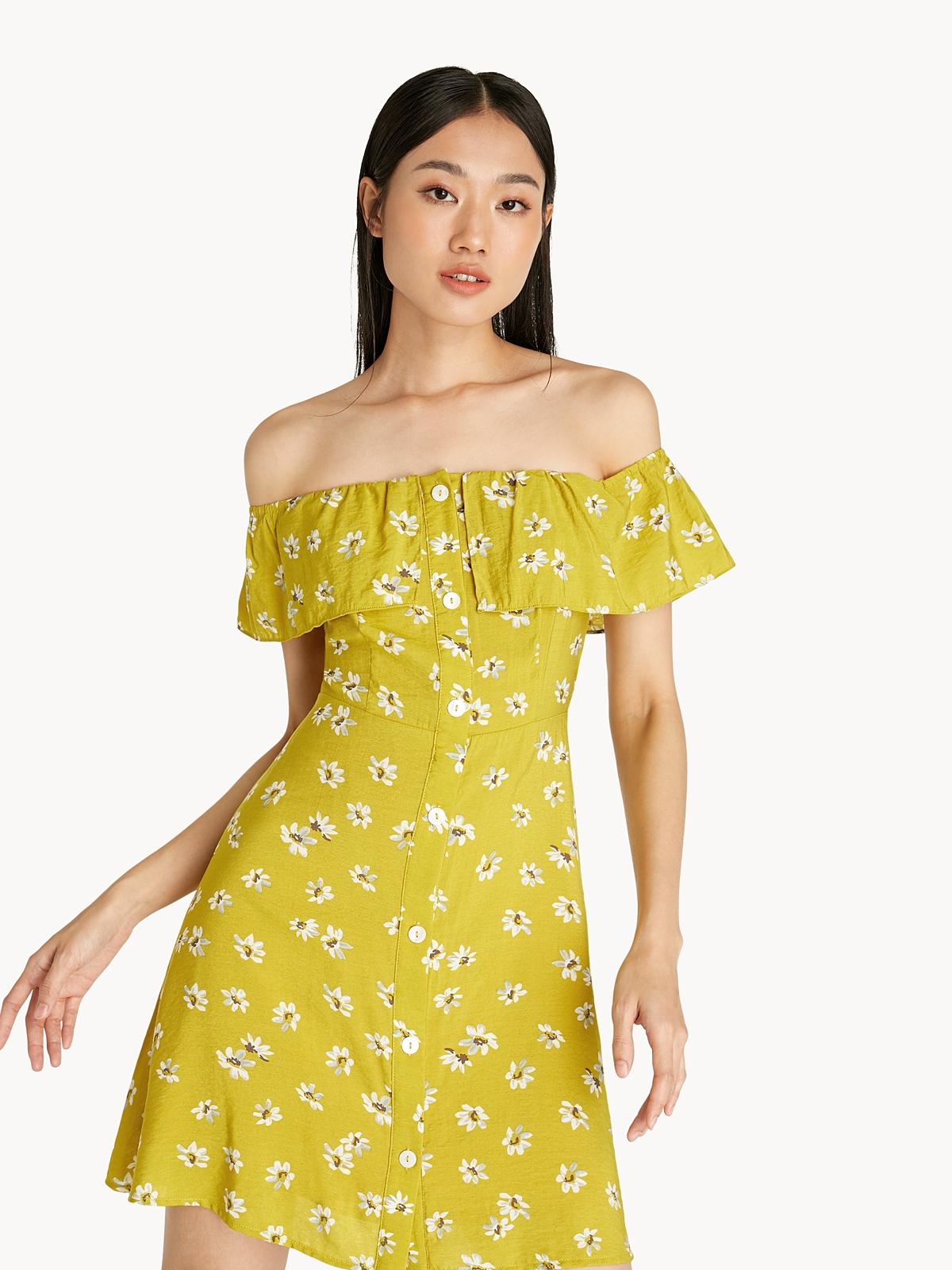 Off Shoulder Button Up Floral Dress - Yellow