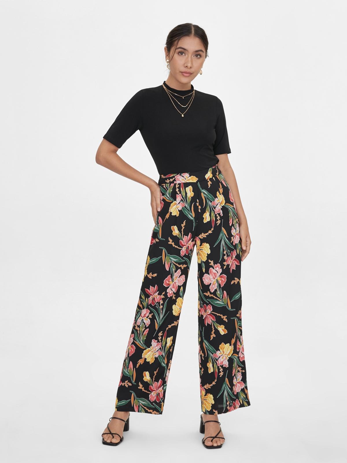Wide Leg Floral Print Pants - Black