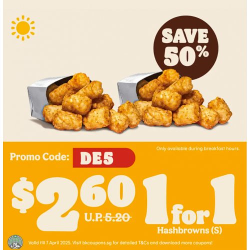 Snack smarter with 50% off 1-for-1 crispy Hashbrowns!