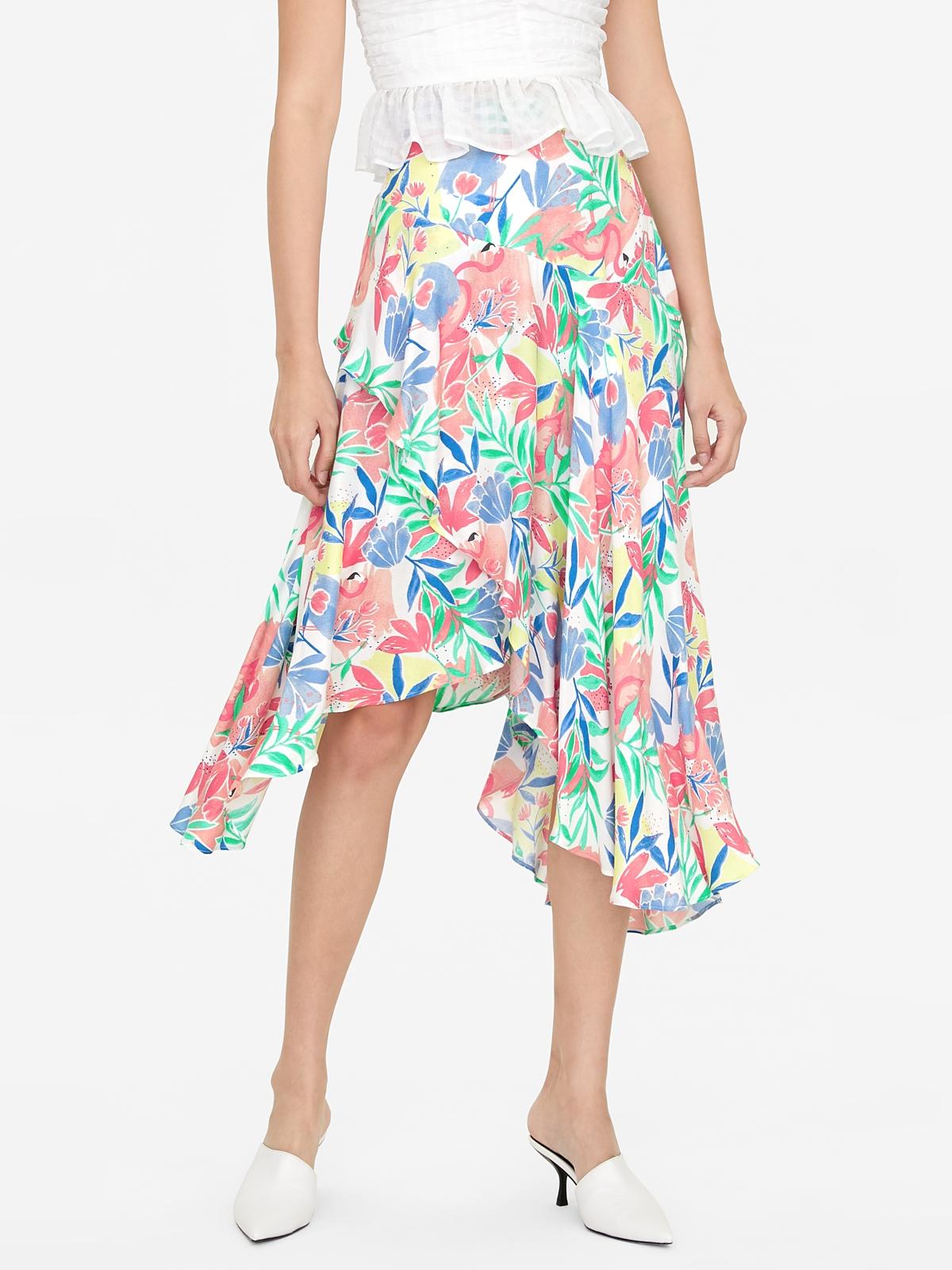 Asymmetrical Mixed Prints Skirt - White