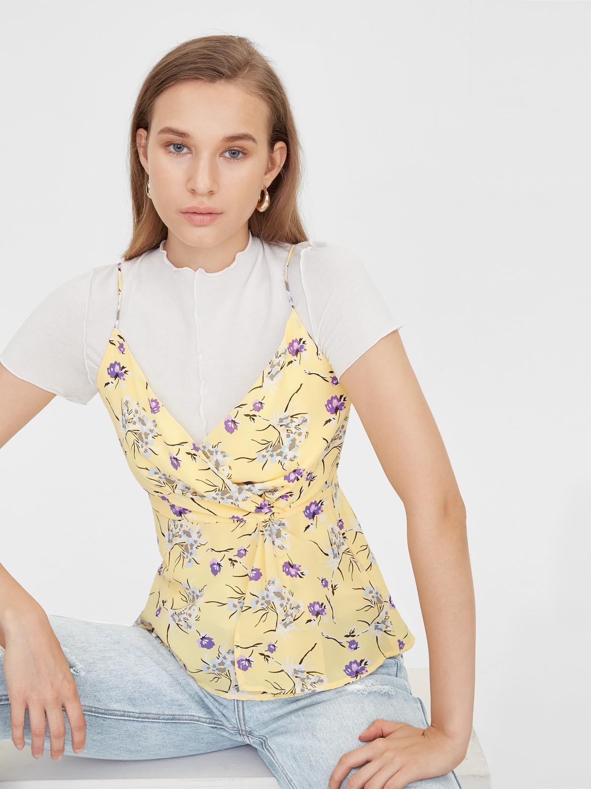 Cami Floral Print Side Twisted Tank - Yellow