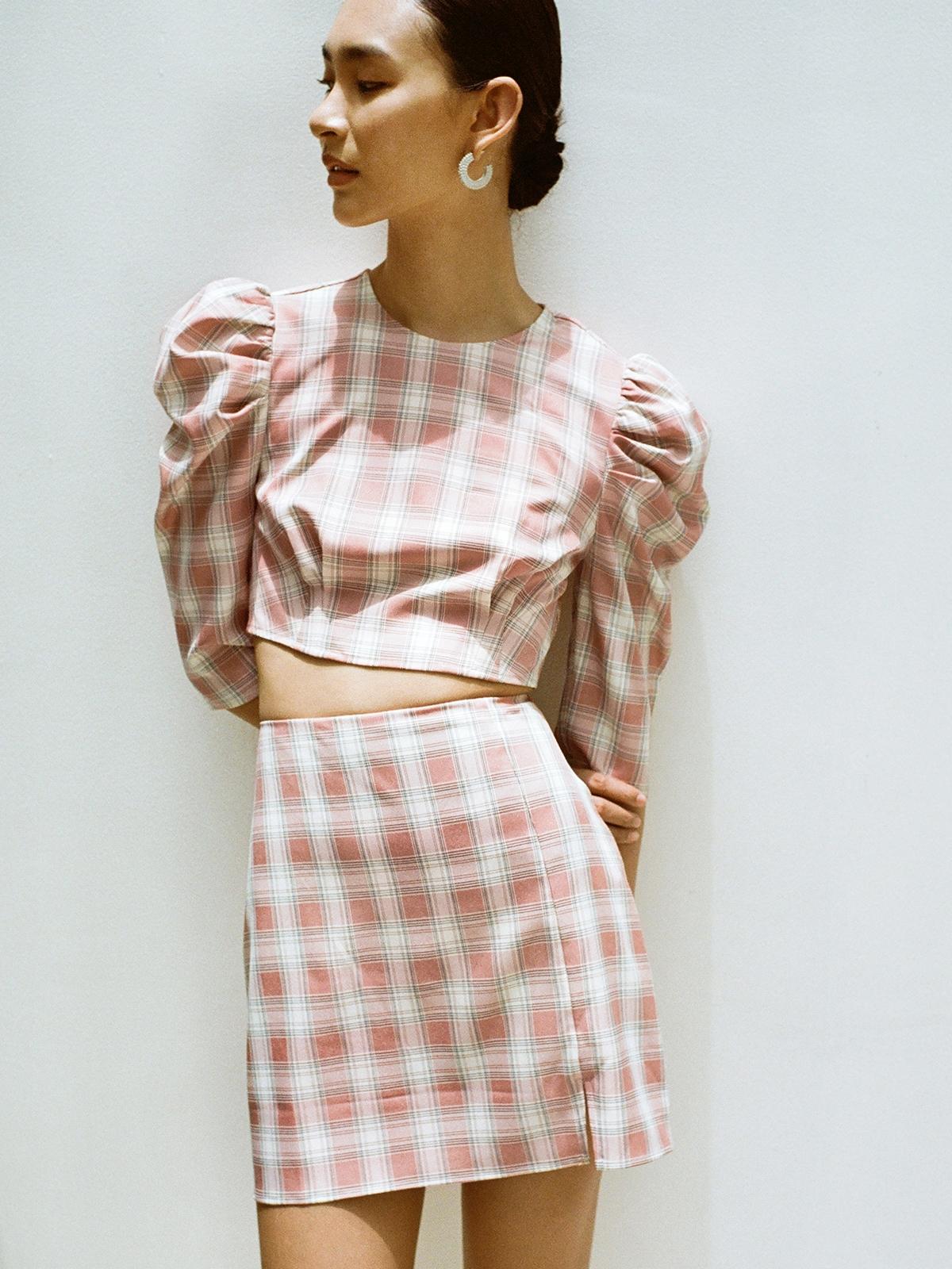 Plaid Slit High Waist Skirt - Pink