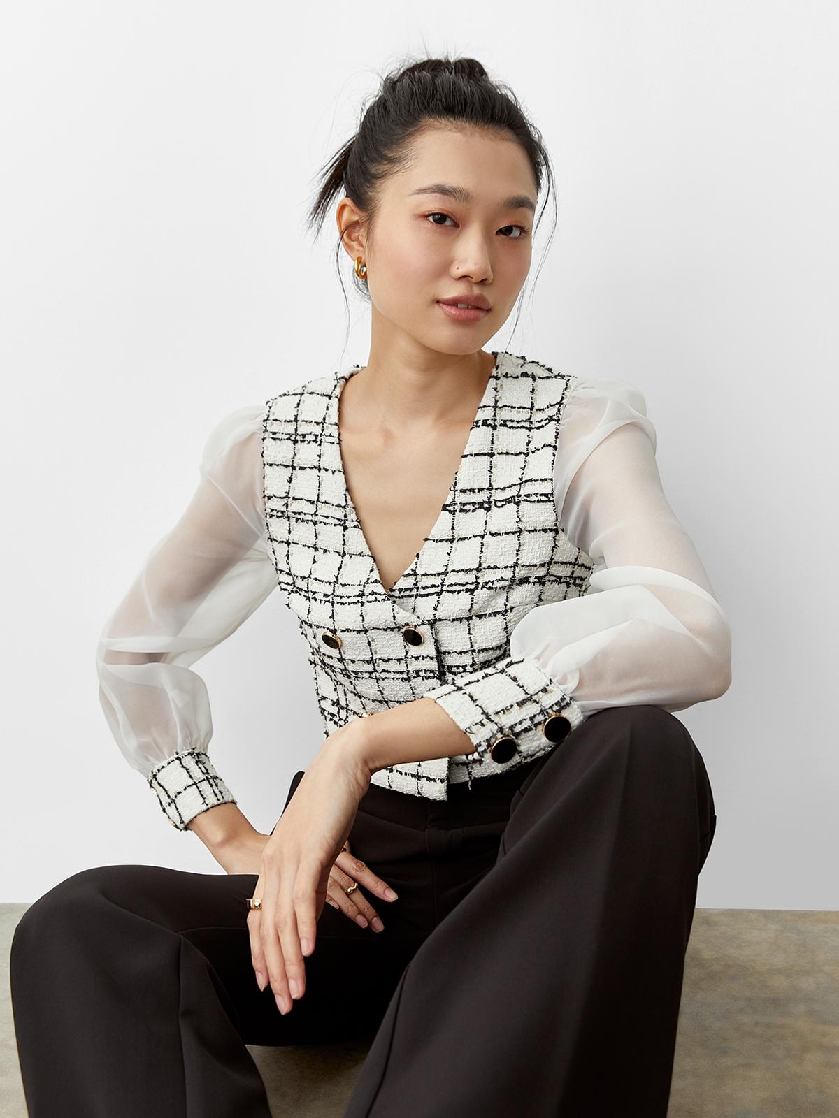 See-Through Long Sleeve Crop Top - Black