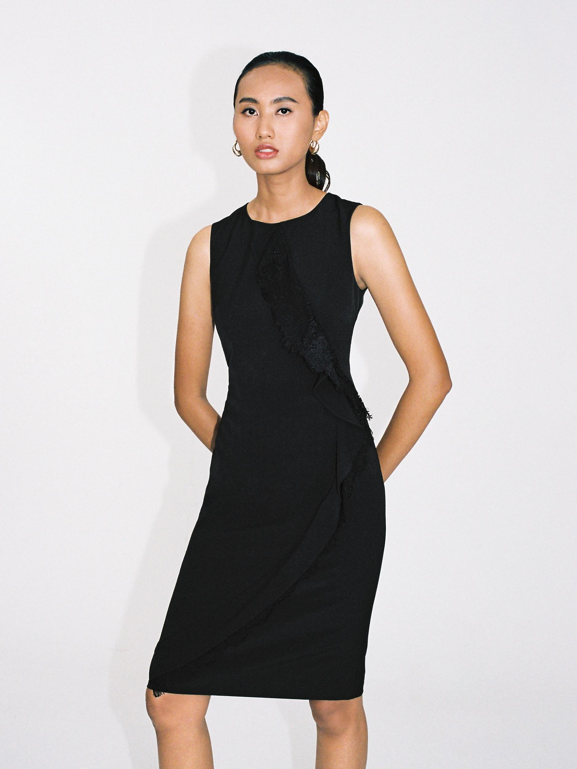 Ruffle Lace Accent Dress - Black