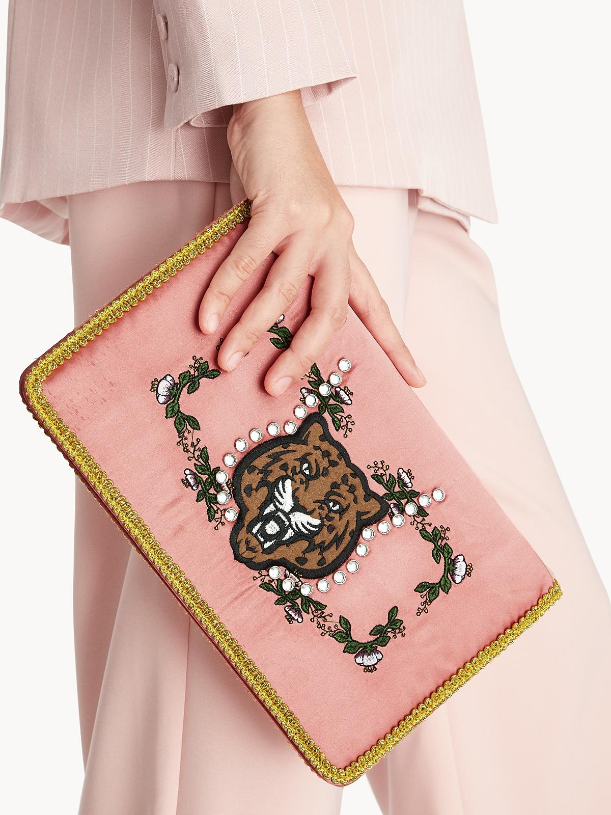 Tiger Print Embroidered Clutch - Pink