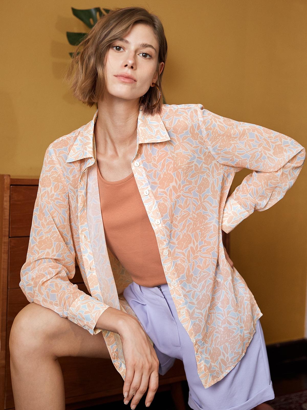 Leaf Print Semi Sheer Shirt - Orange