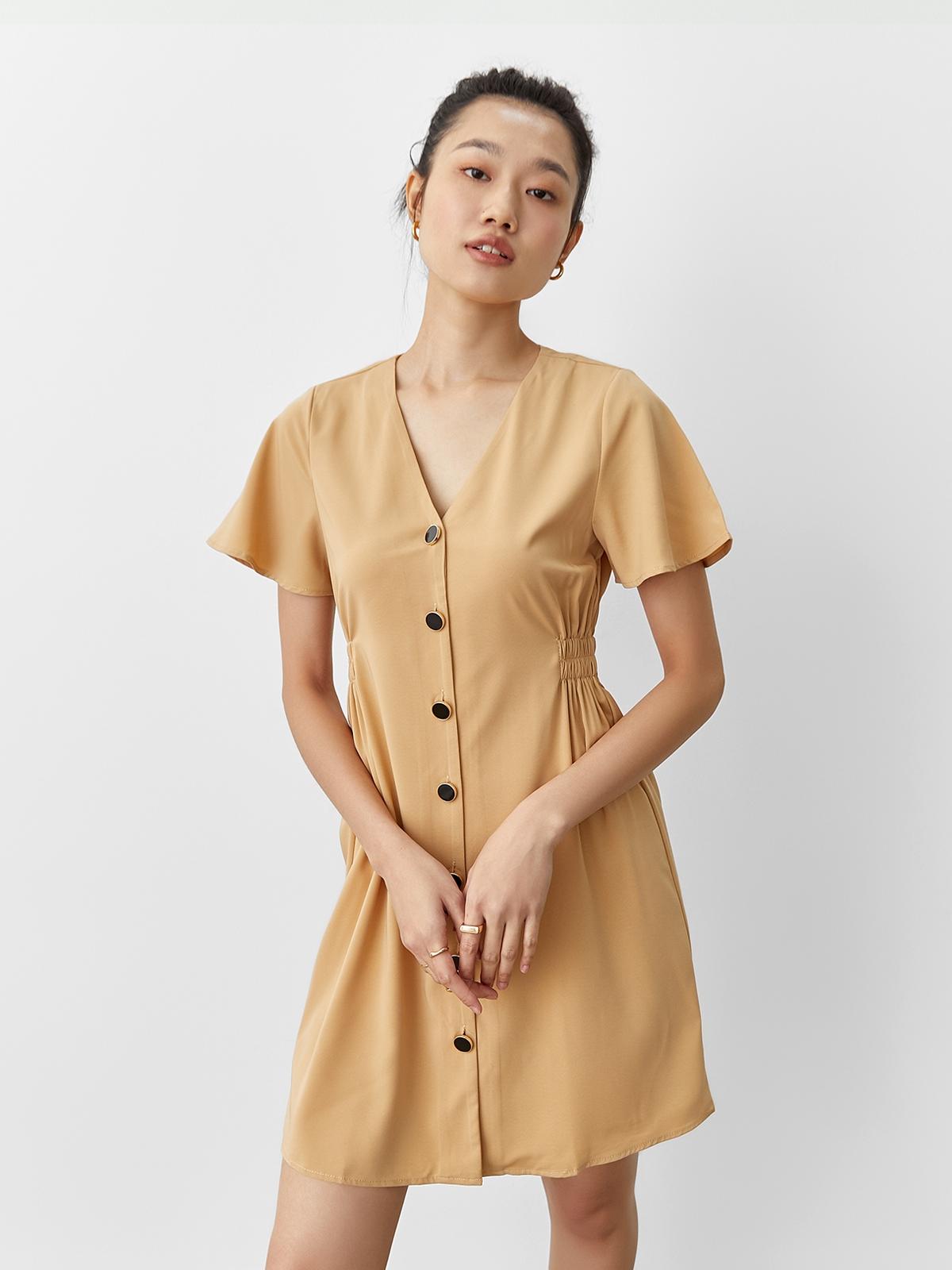 V Neckline Mini Dress - Beige