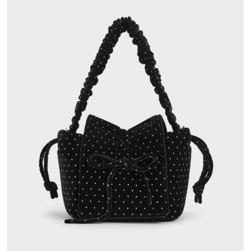 Velvet Dotted Bow Ruched Top Handle Bag - Black Textured
