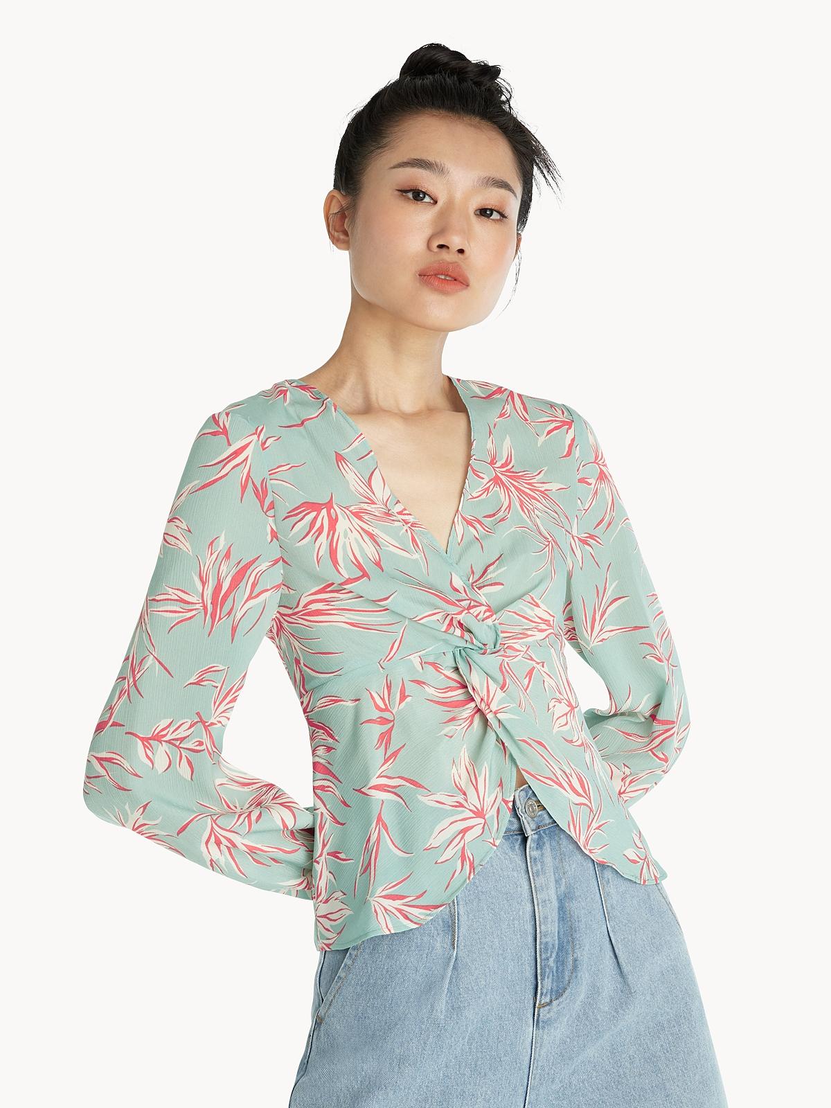 Front Knot Leaf Print Blouse - Green