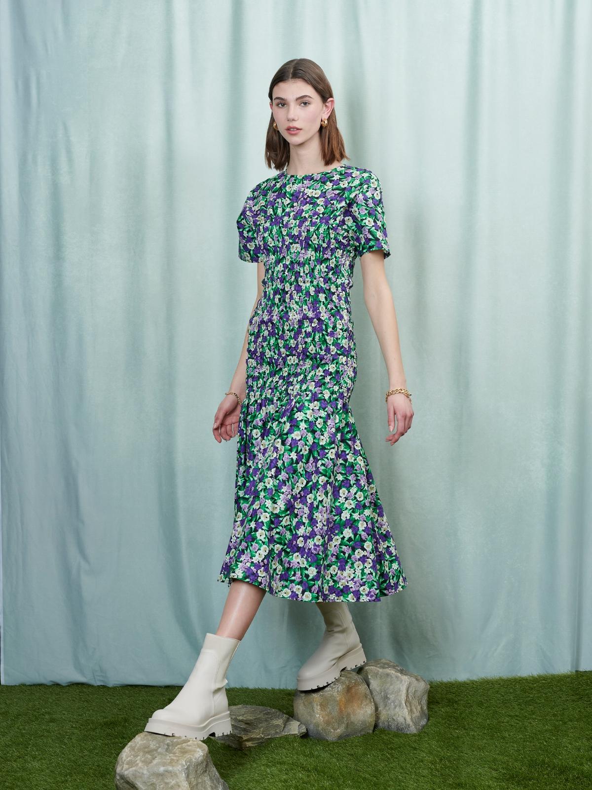 Mountain Flower Shirring Midi Dress - Green