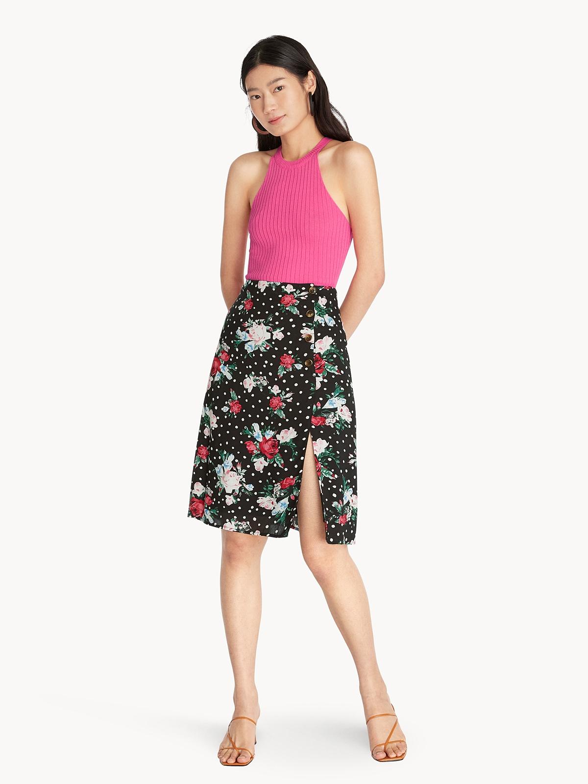 Button Detail Slit Floral Skirt - Black