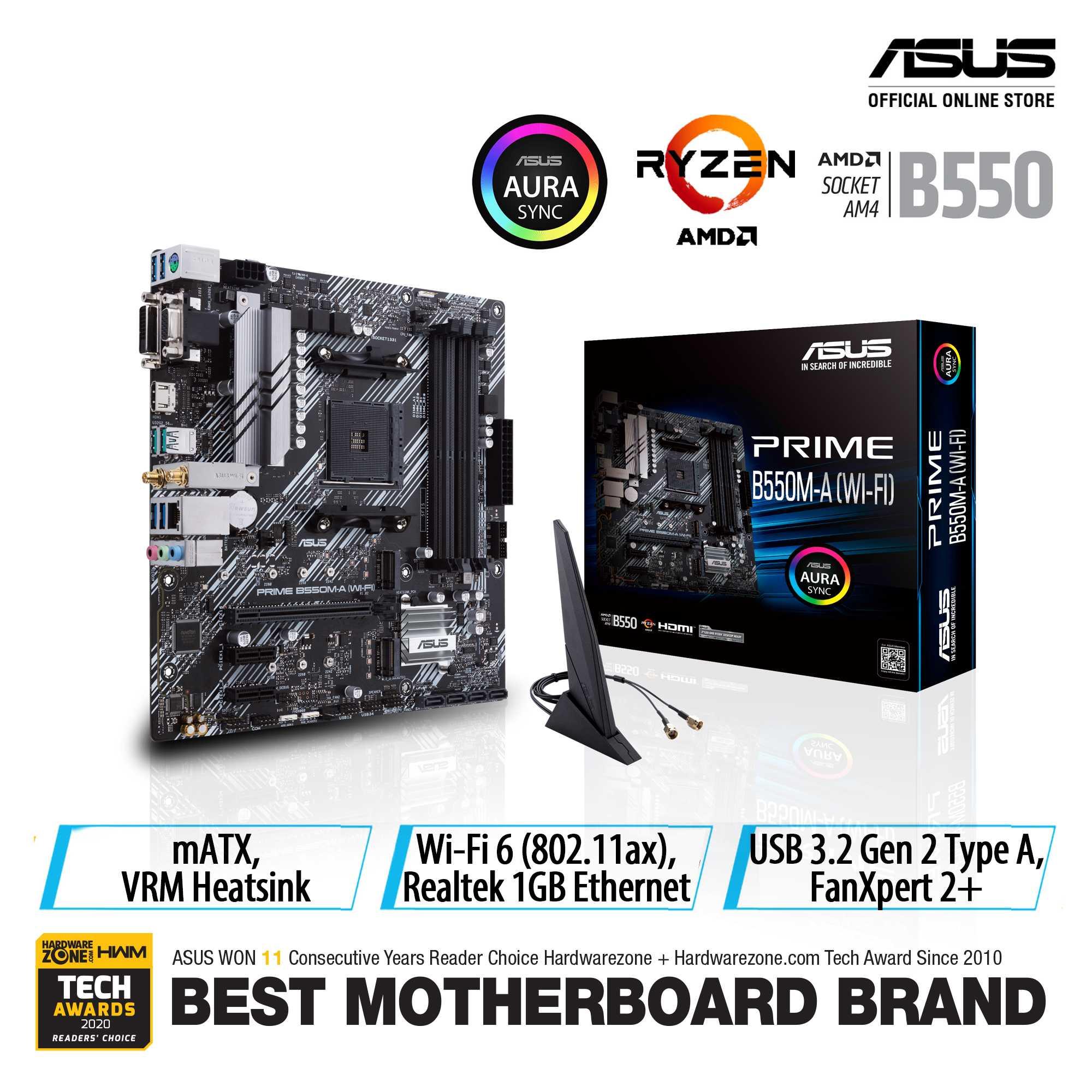 ASUS PRIME B550M-A (WI-FI) AMD B550 (Ryzen AM4) micro ATX motherboard with dual M.2, PCIe 4.0, Intel® WiFi 6, 1 Gb Ethernet, HDMI/D-Sub/DVI, SATA 6 Gbps, USB 3.2 Gen 2 Type-A, and Aura Sync RGB headers support