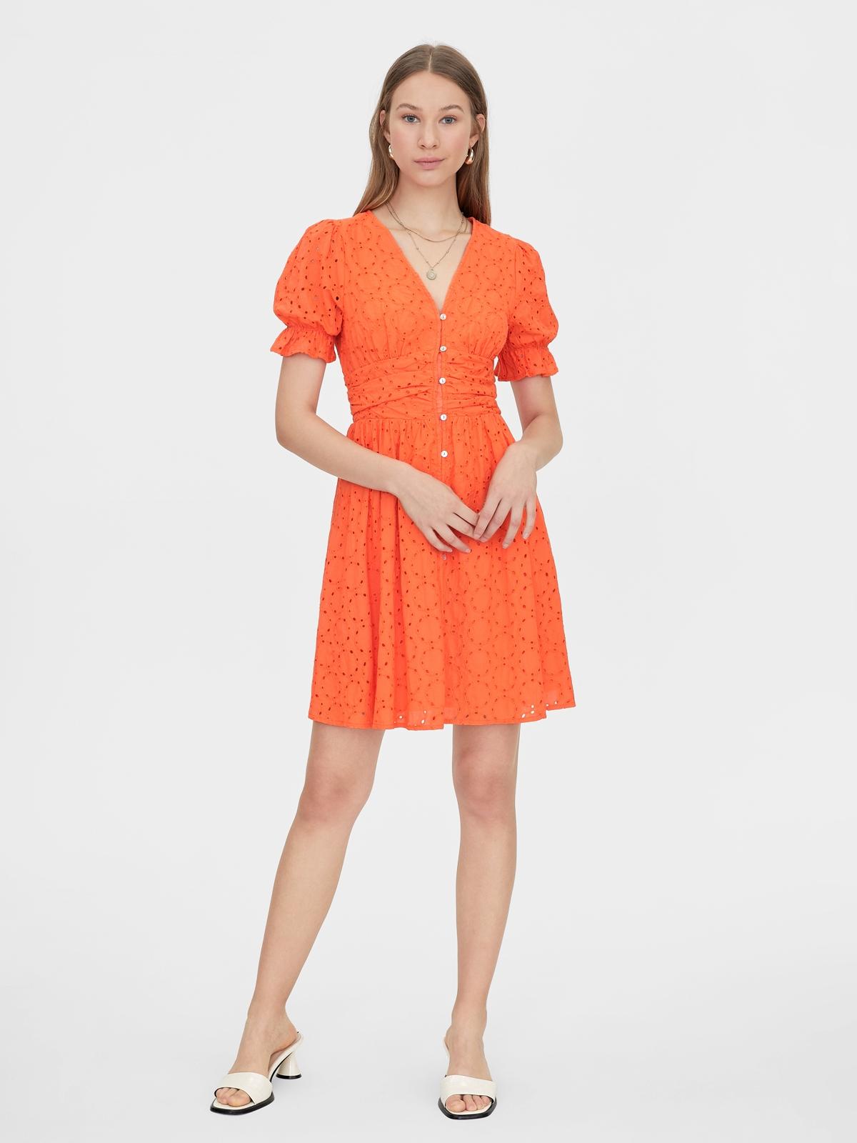 Eyelet Puff Sleeves Ruched Waist Dress - Orange