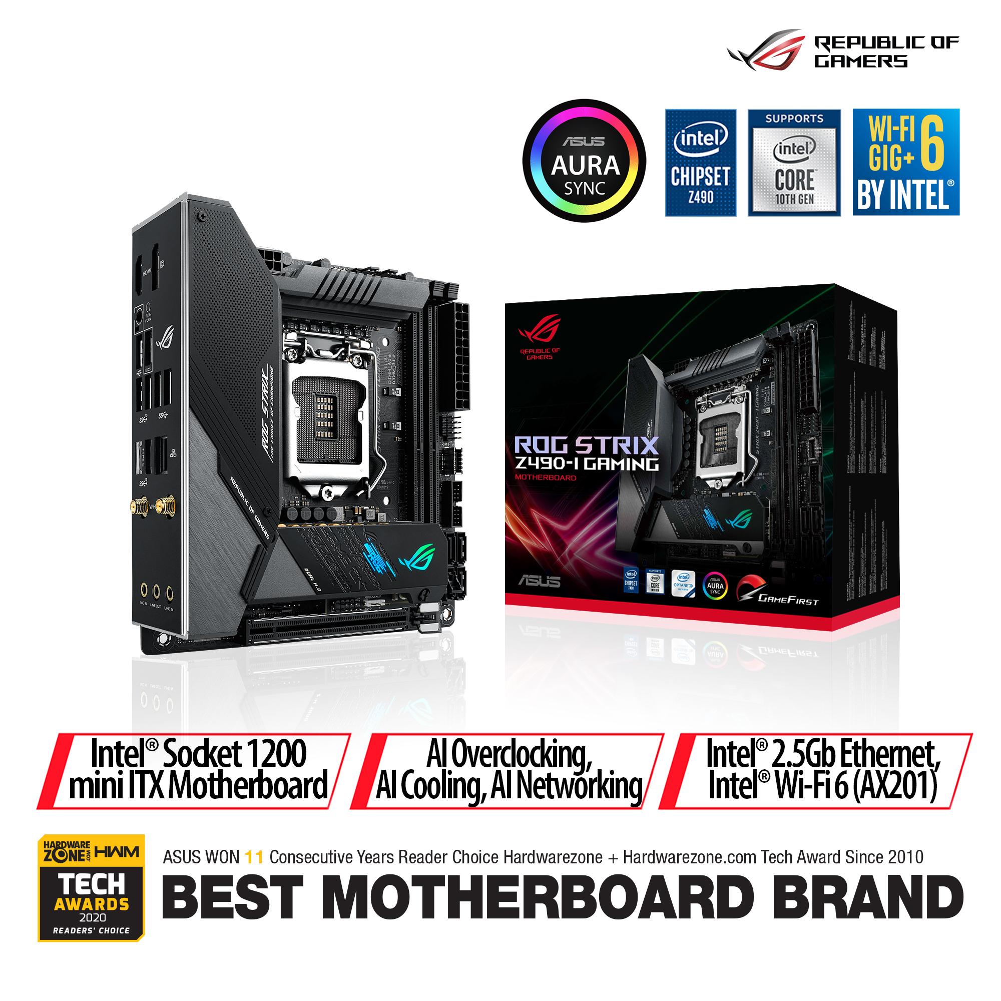 ROG Strix Z490-I Gaming Intel® Z490 LGA 1200 mini ITX motherboard (10 Power Stages, DDR4 4800, WiFi 6, Intel® 2.5 Gb Ethernet, USB 3.2 Gen 2, SATA and AURA Sync)