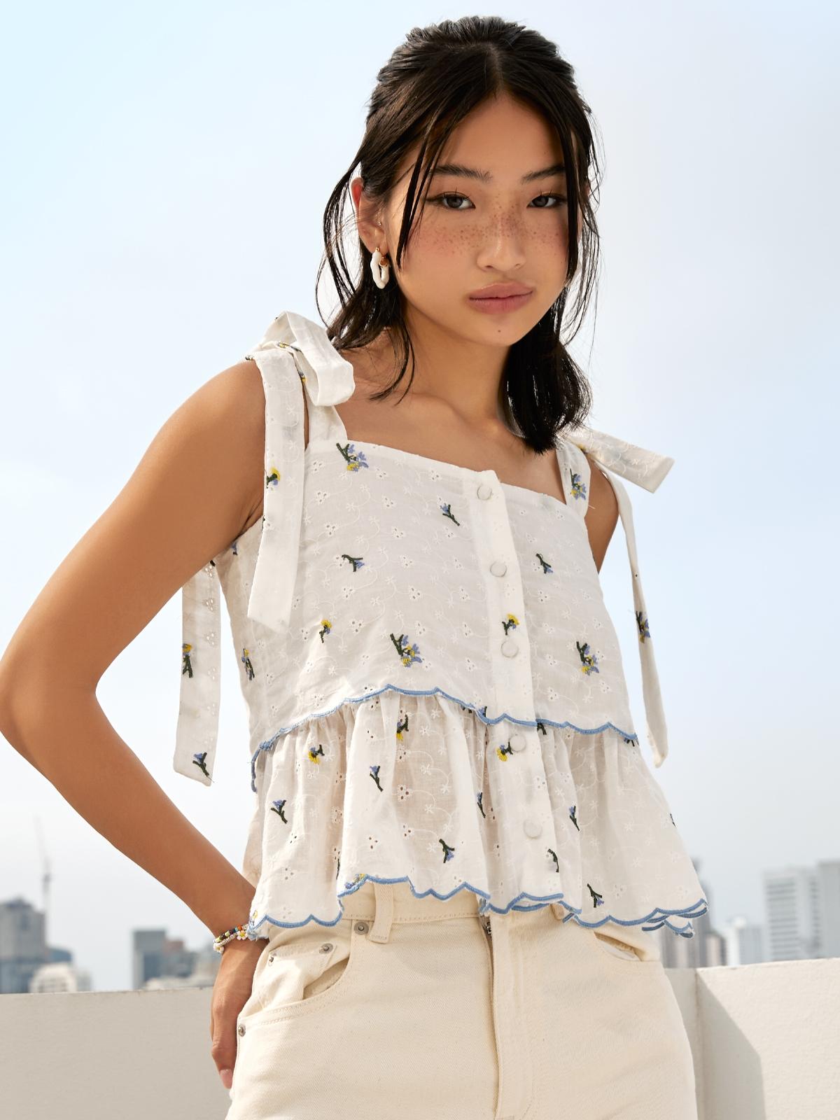 Embroidered Flower Camisole - White