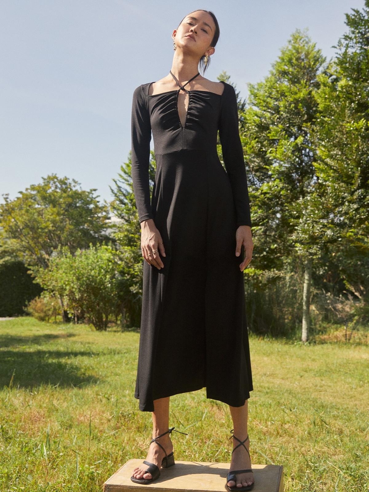 Long Sleeve Tie Neck Dress - Black