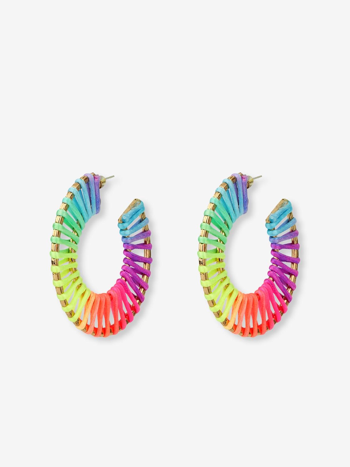 Rainbow Raffia Open Hoop Earrings - Multi Color